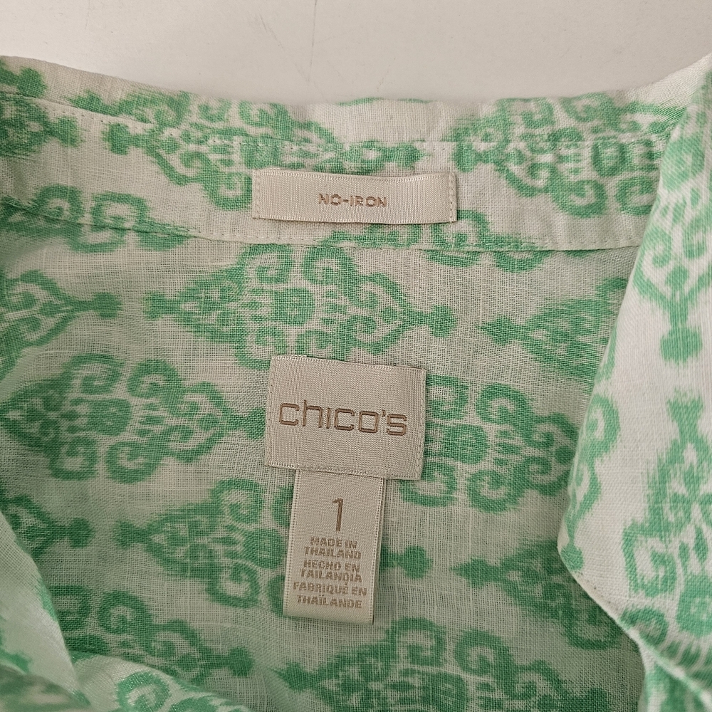 Chico's 100% Linen Large (Size 1 /M 8-10) No Iron Green & White Button Up Shirt - Picture 4 of 7